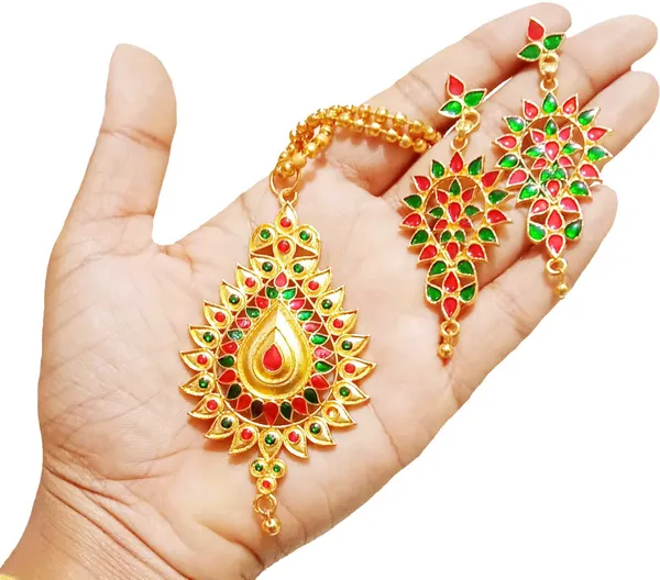 Assamese_Traditional_Gold_Plated_Red_Green_Colour_Dugdugi_Chain_Jewellery_Set_For_Women
